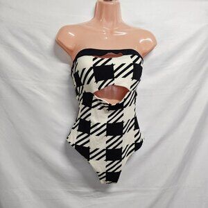 Onia Natalie Houndstooth Strapless One Piece Swimsuit Women Size L Black/ White
